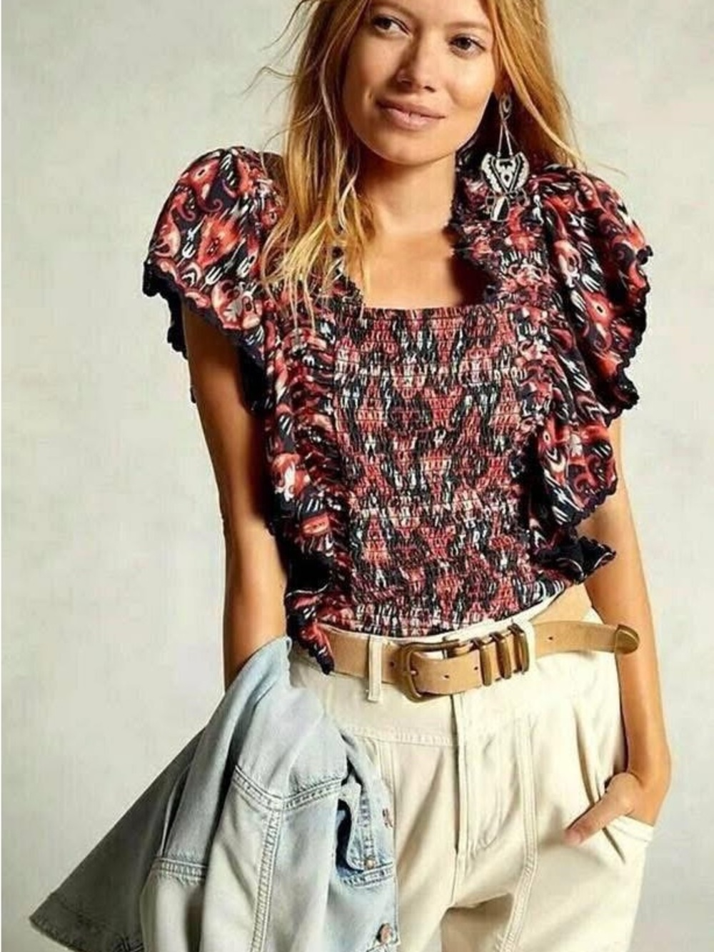 Anthropologie Red and Black Smocked Flutter-Sleeve Blouse
